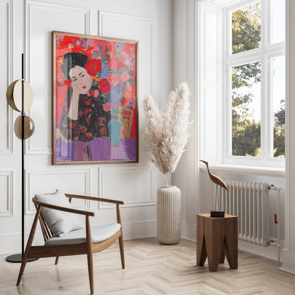 Premium Poster of Woman in Flowered Dress with Vase Artwork Posters