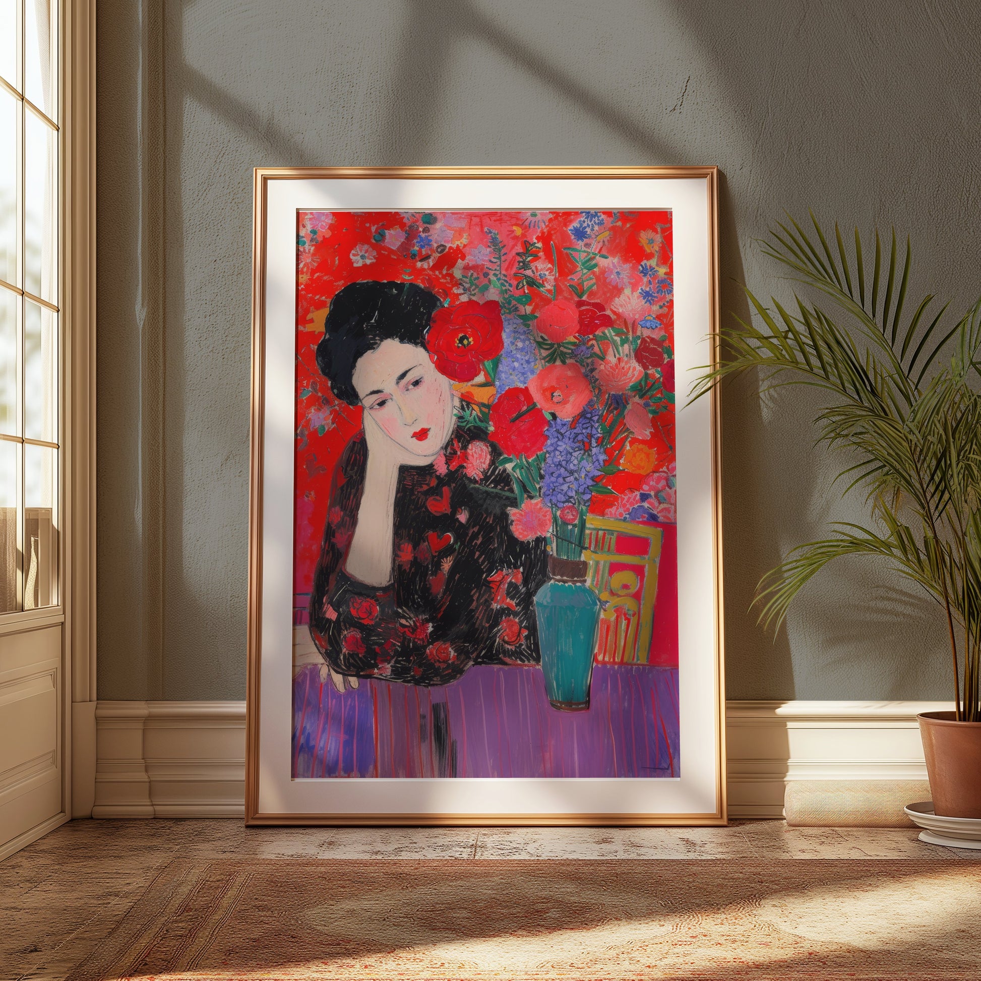 Premium Poster of Woman in Flowered Dress with Vase Artwork Posters