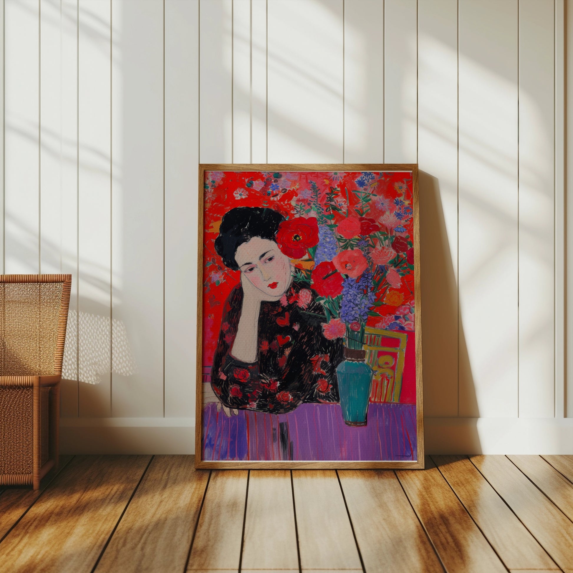 Premium Poster of Woman in Flowered Dress with Vase Artwork Posters