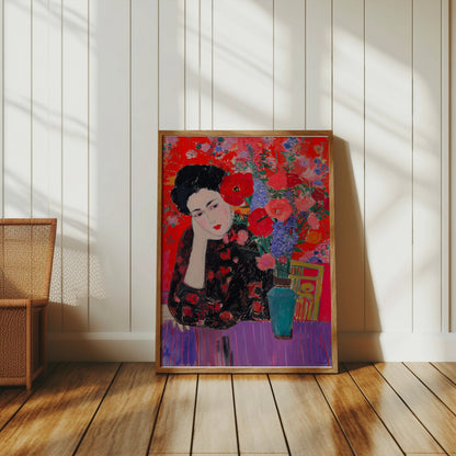 Premium Poster of Woman in Flowered Dress with Vase Artwork Posters