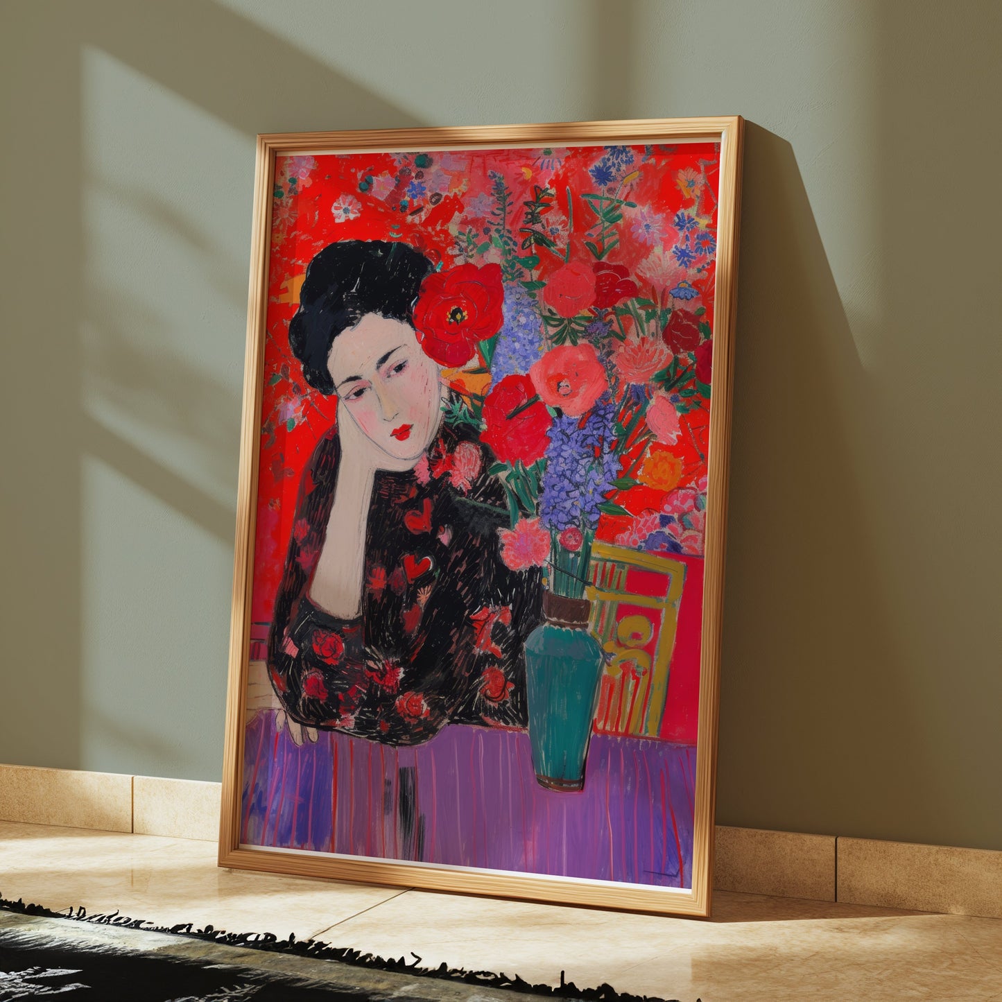 Premium Poster of Woman in Flowered Dress with Vase Artwork Posters