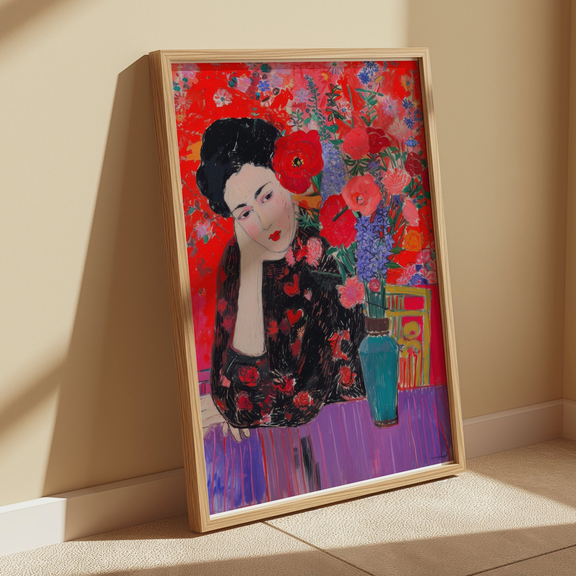 Premium Poster of Woman in Flowered Dress with Vase Artwork Posters