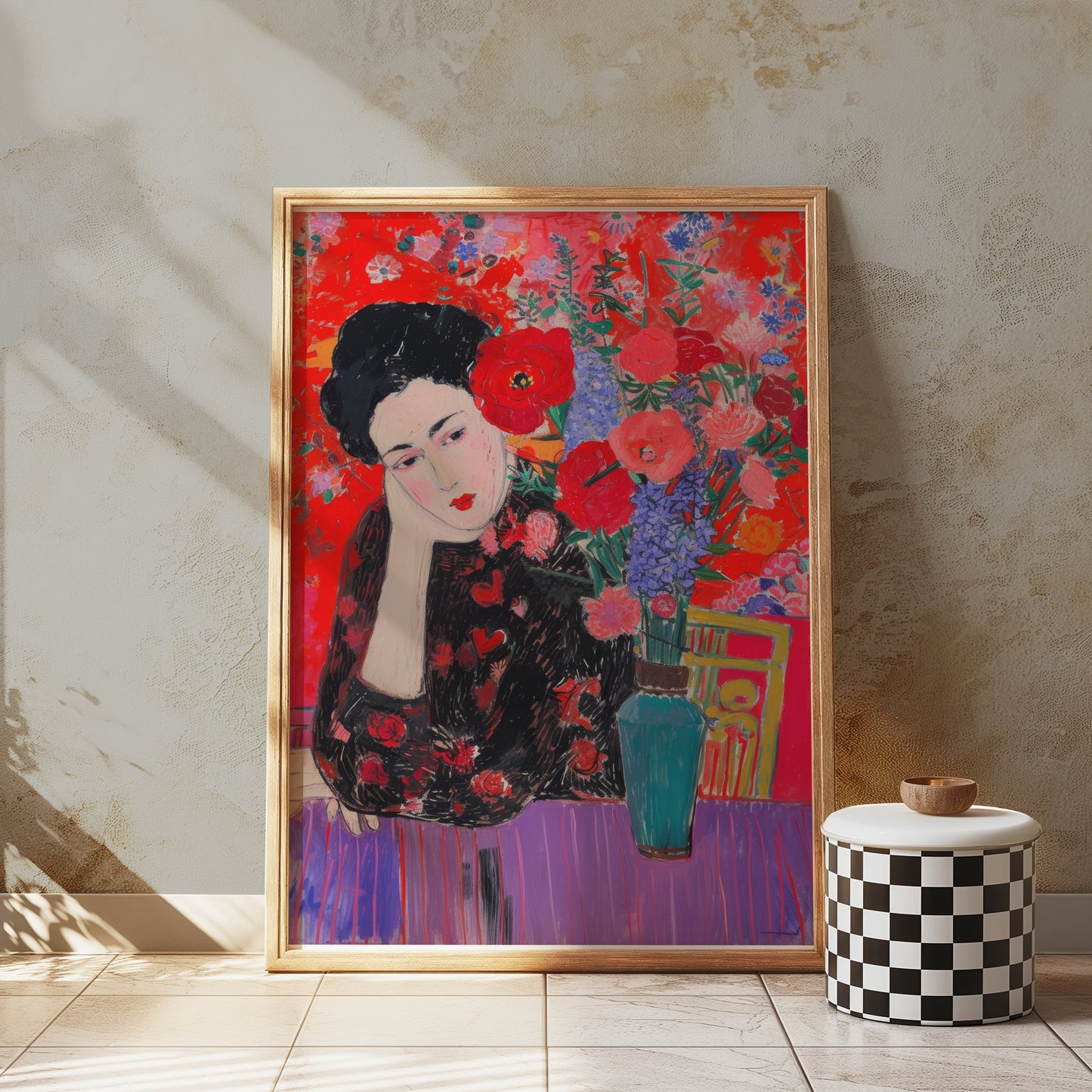 Premium Poster of Woman in Flowered Dress with Vase Artwork Posters