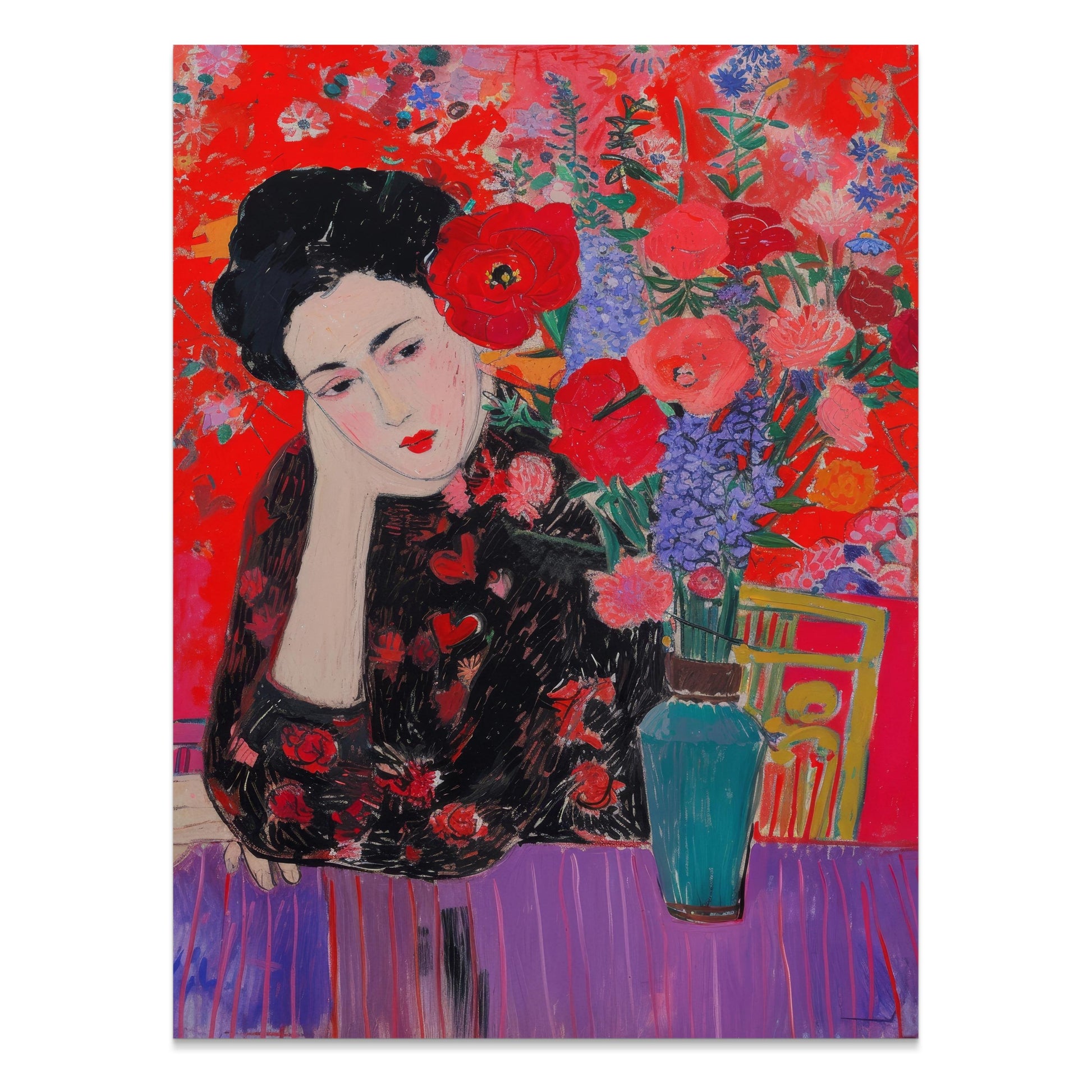 Premium Poster of Woman in Flowered Dress with Vase Artwork Posters