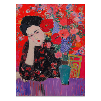 Premium Poster of Woman in Flowered Dress with Vase Artwork Posters