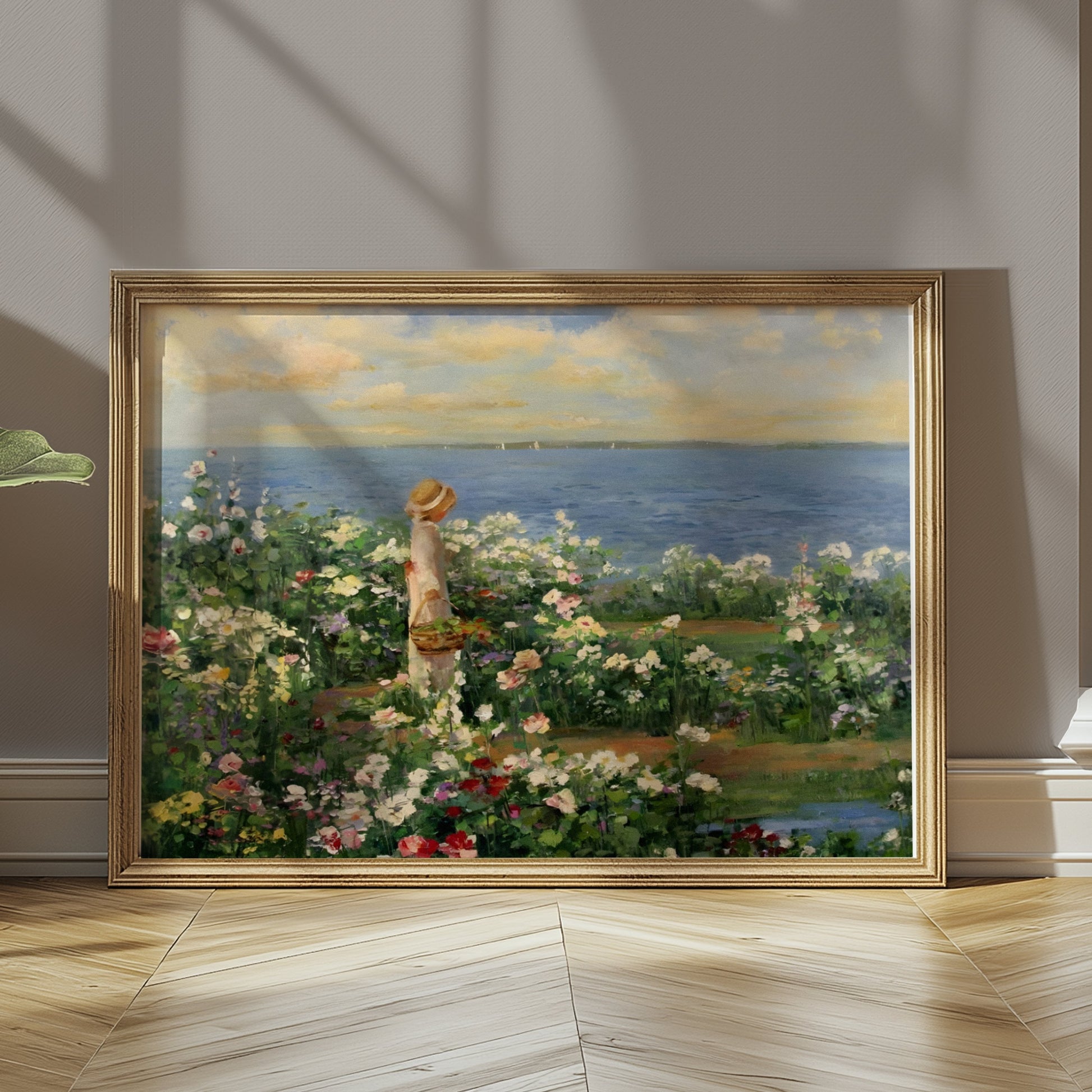 Premium Poster of Woman in Garden by the Sea Captivating Art Posters