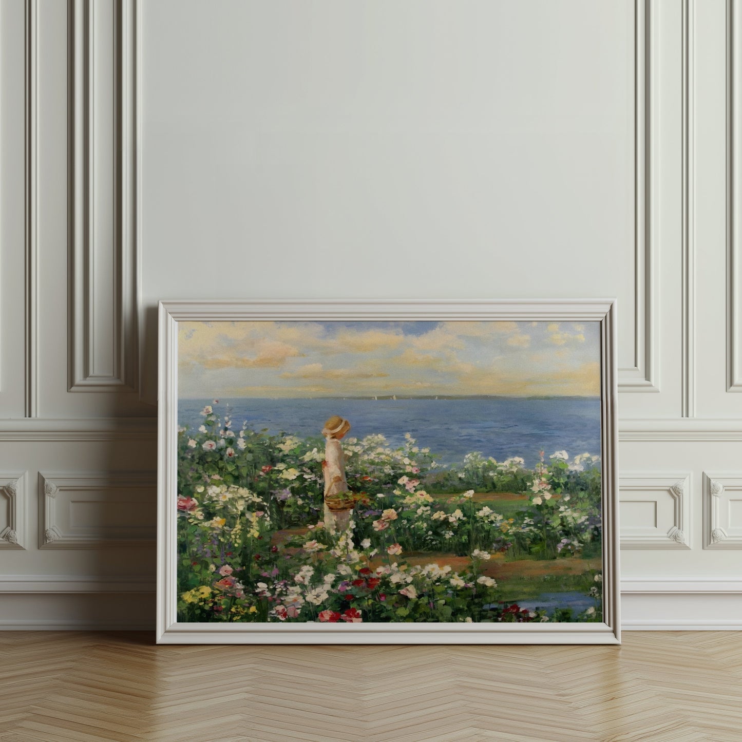 Premium Poster of Woman in Garden by the Sea Captivating Art Posters