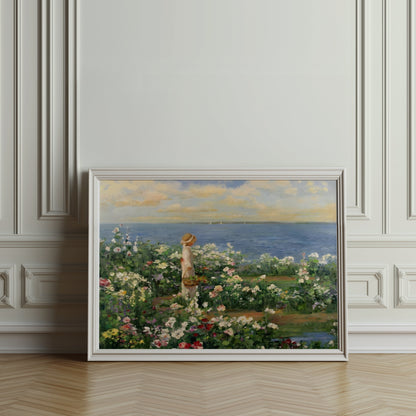 Premium Poster of Woman in Garden by the Sea Captivating Art Posters