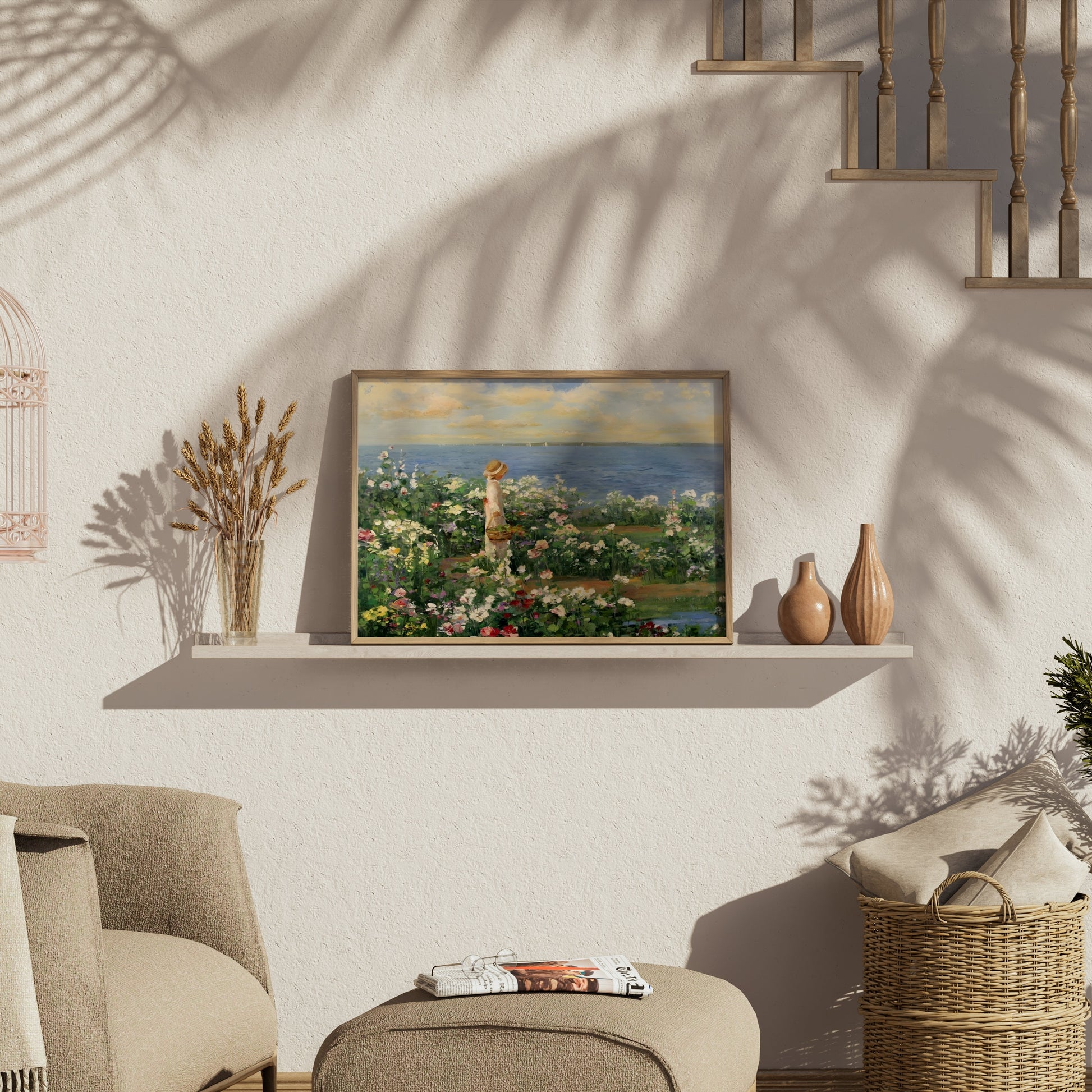 Premium Poster of Woman in Garden by the Sea Captivating Art Posters