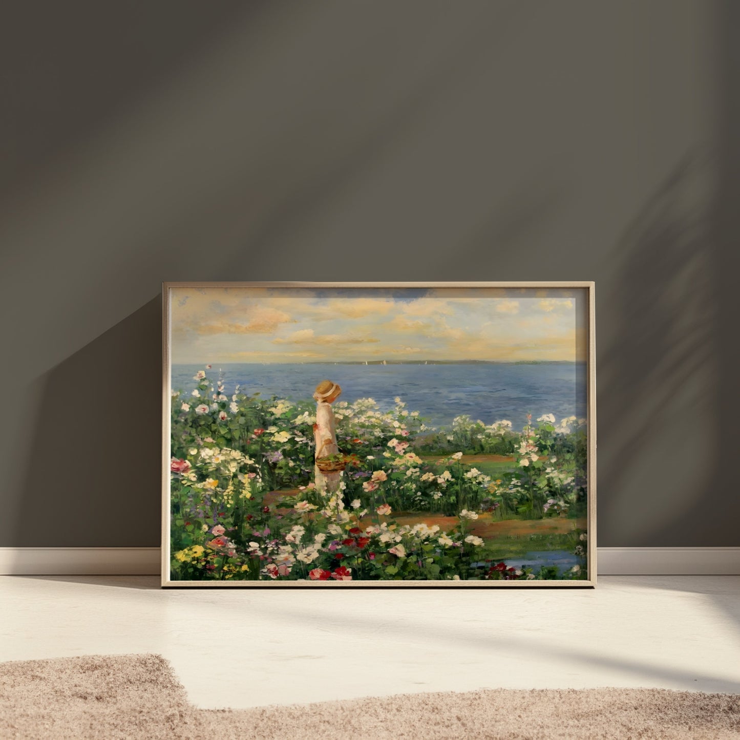 Premium Poster of Woman in Garden by the Sea Captivating Art Posters