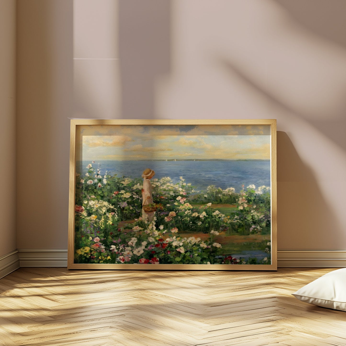 Premium Poster of Woman in Garden by the Sea Captivating Art Posters