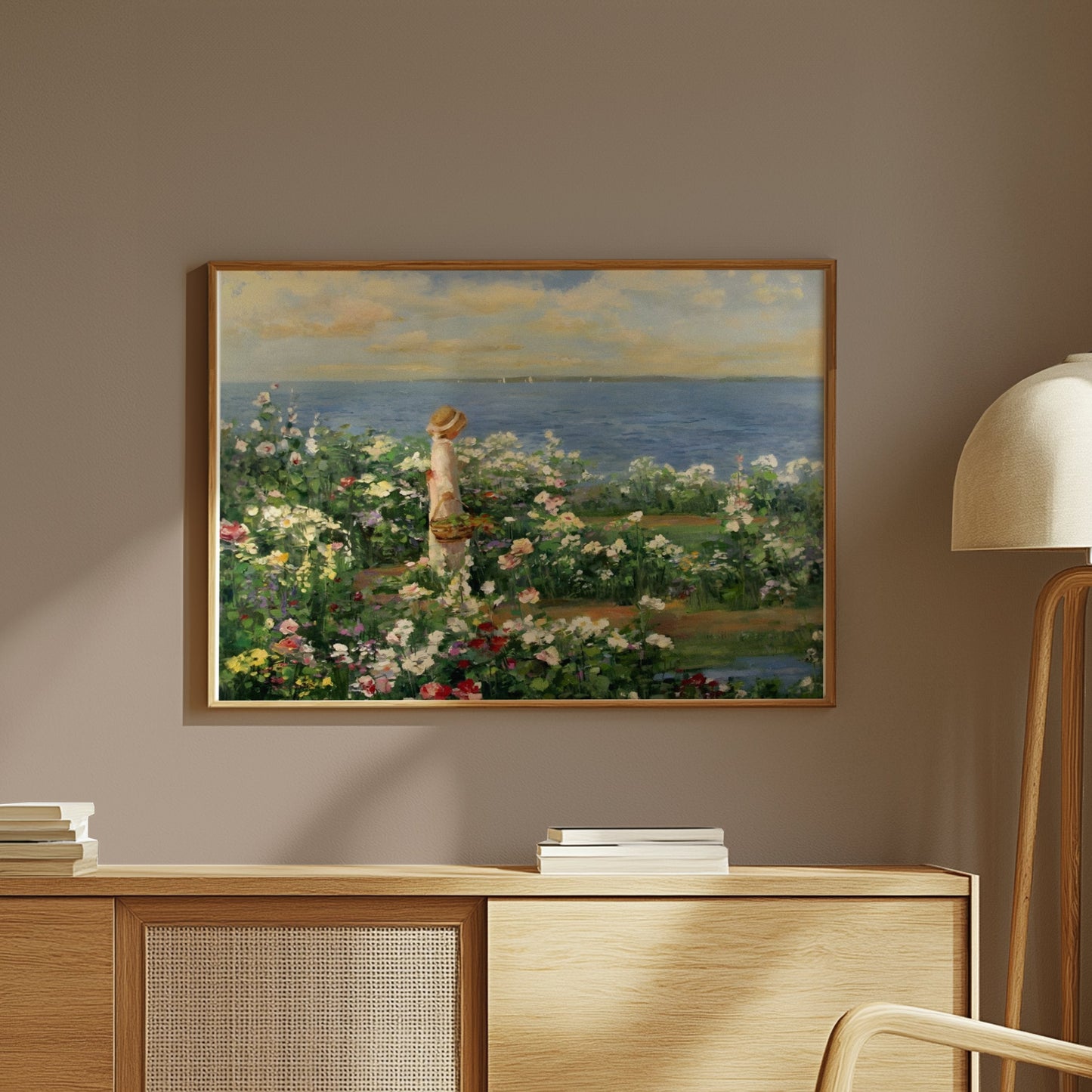 Premium Poster of Woman in Garden by the Sea Captivating Art Posters