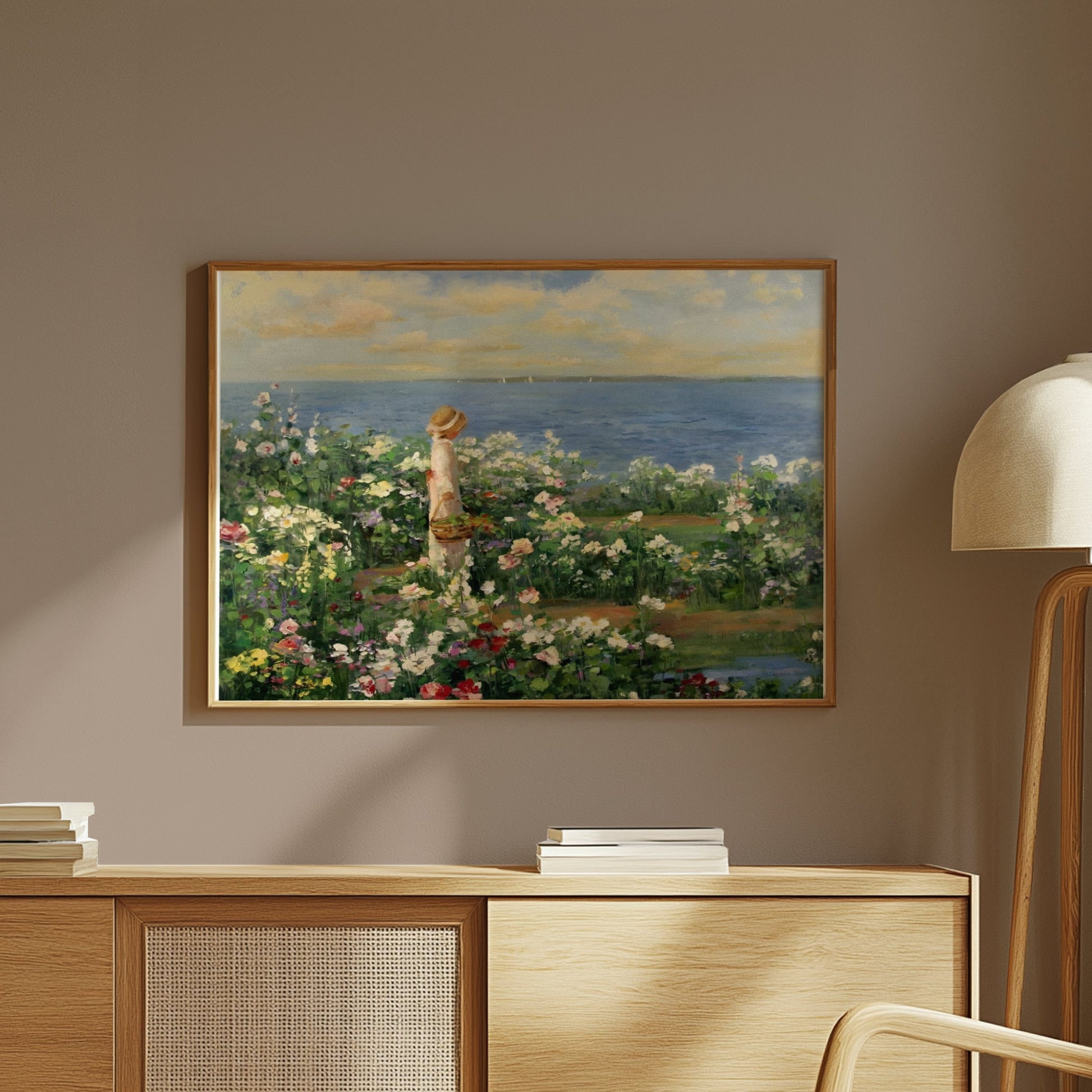 Premium Poster of Woman in Garden by the Sea Captivating Art Posters