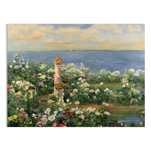 Premium Poster of Woman in Garden by the Sea Captivating Art Posters