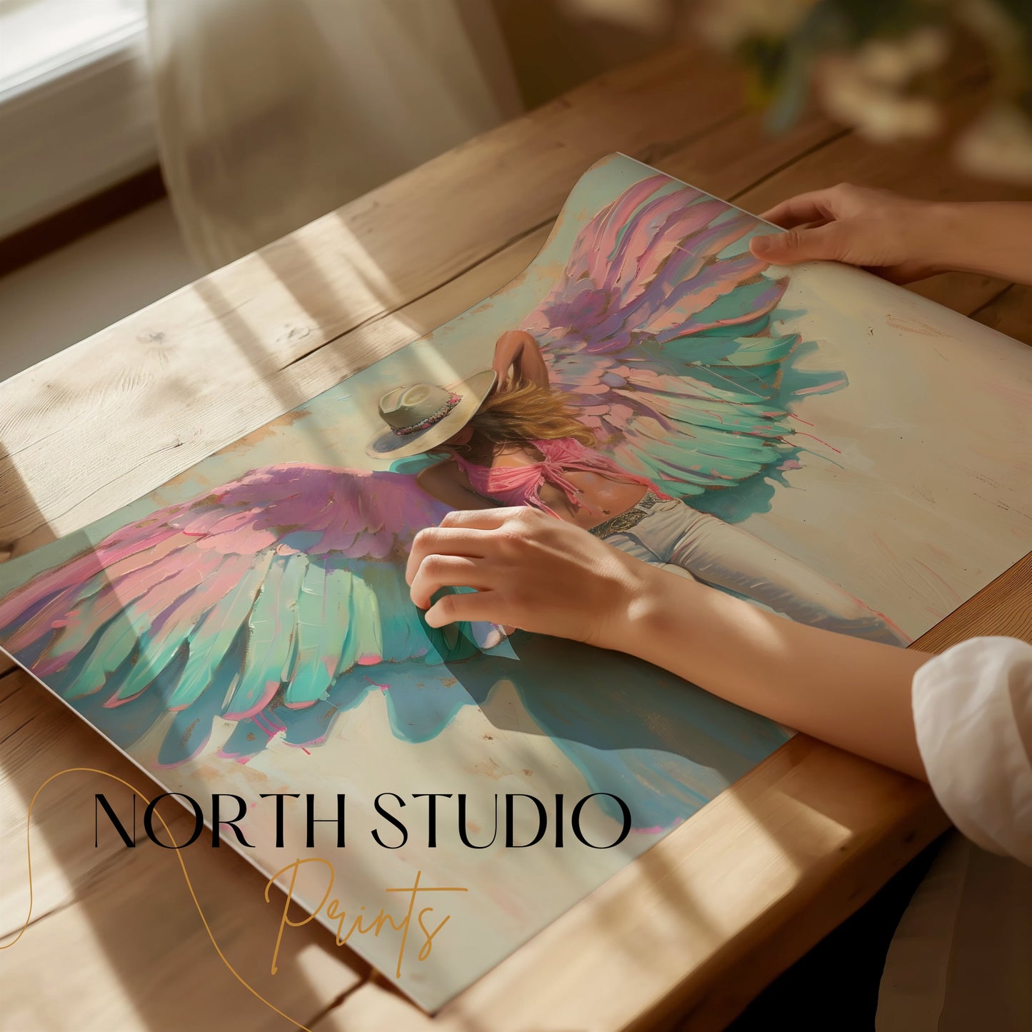Premium Poster of Woman with Angel Wings in Pink and Green Poster Art Posters