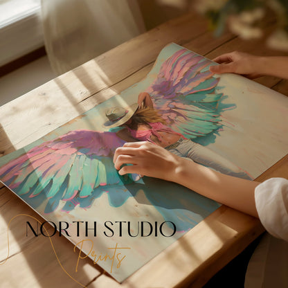 Premium Poster of Woman with Angel Wings in Pink and Green Poster Art Posters