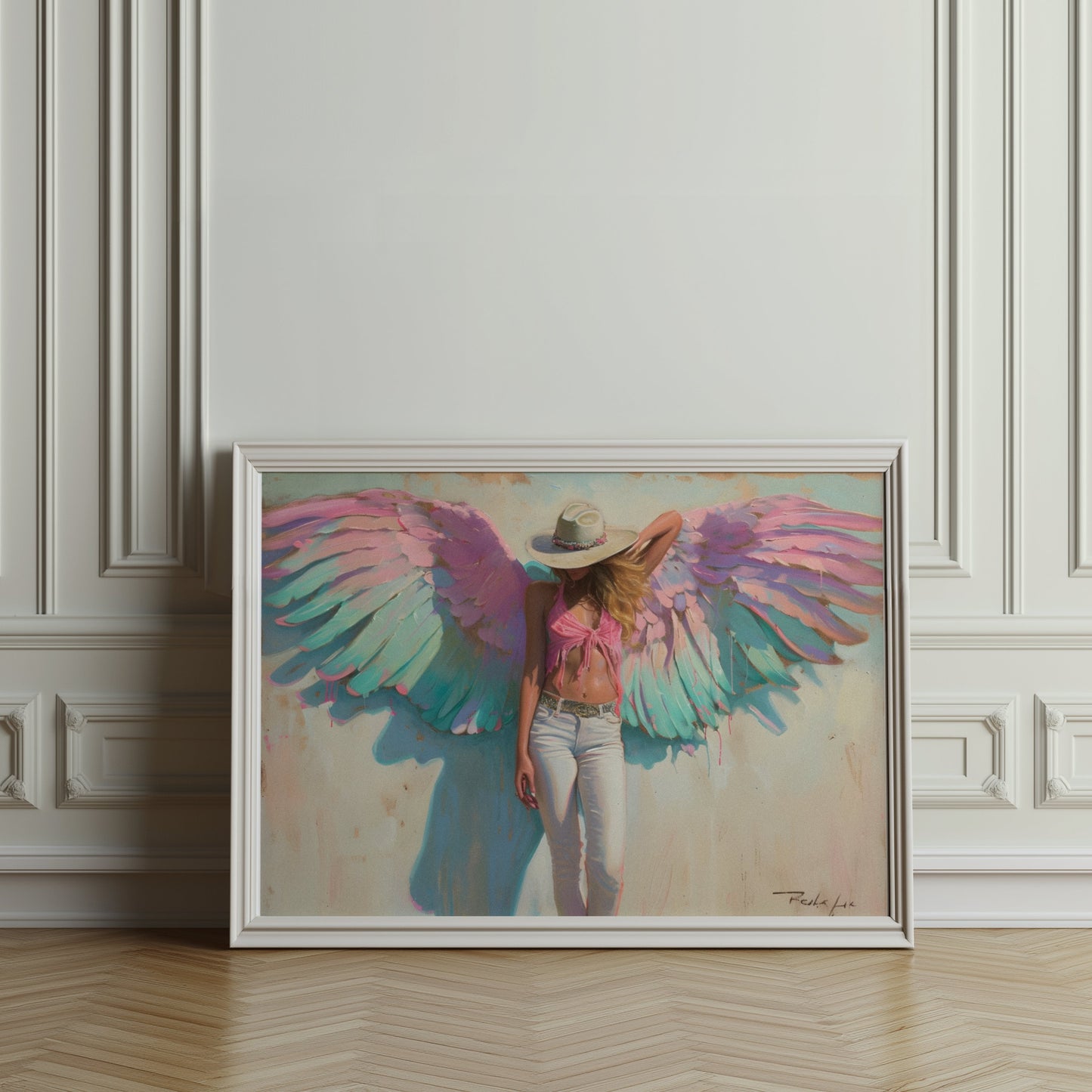 Premium Poster of Woman with Angel Wings in Pink and Green Poster Art Posters