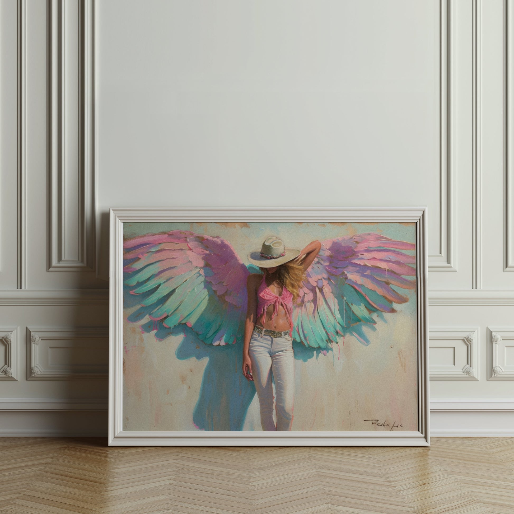 Premium Poster of Woman with Angel Wings in Pink and Green Poster Art Posters