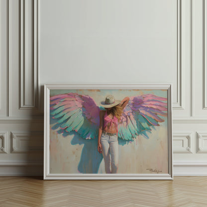 Premium Poster of Woman with Angel Wings in Pink and Green Poster Art Posters
