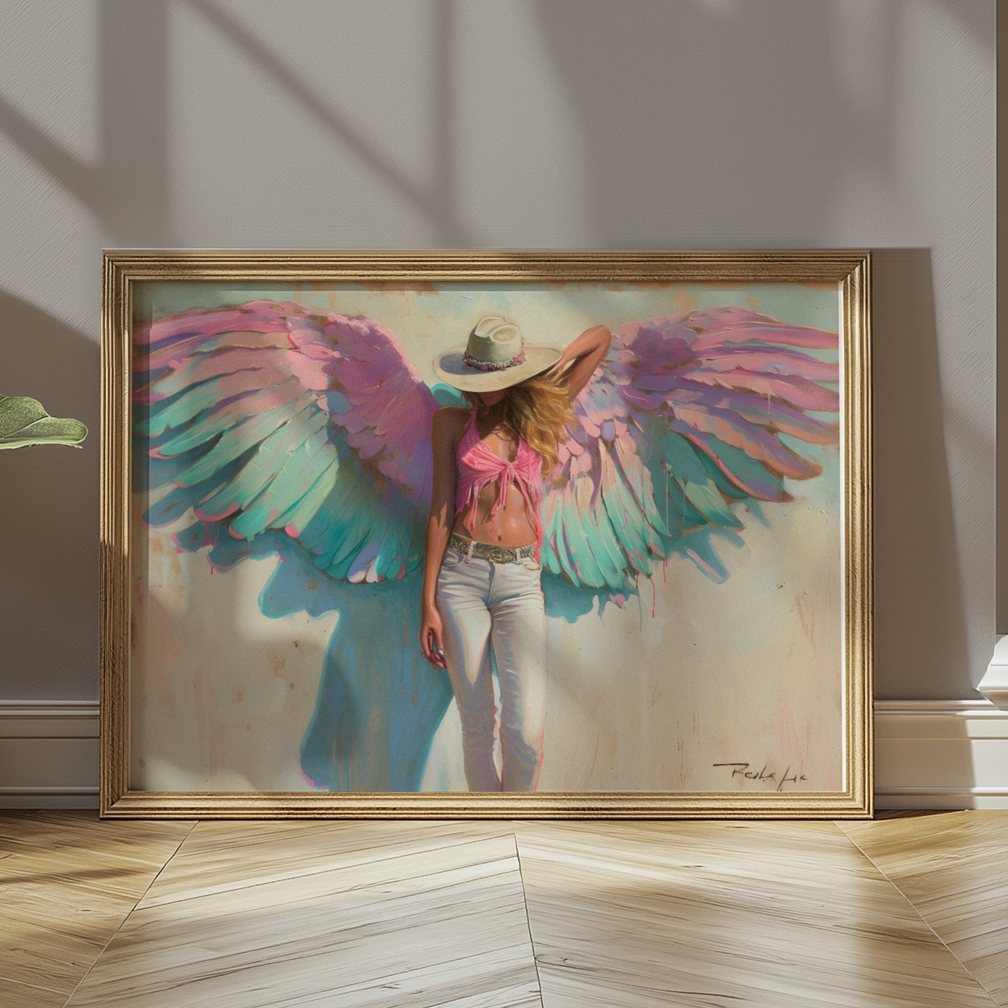 Premium Poster of Woman with Angel Wings in Pink and Green Poster Art Posters