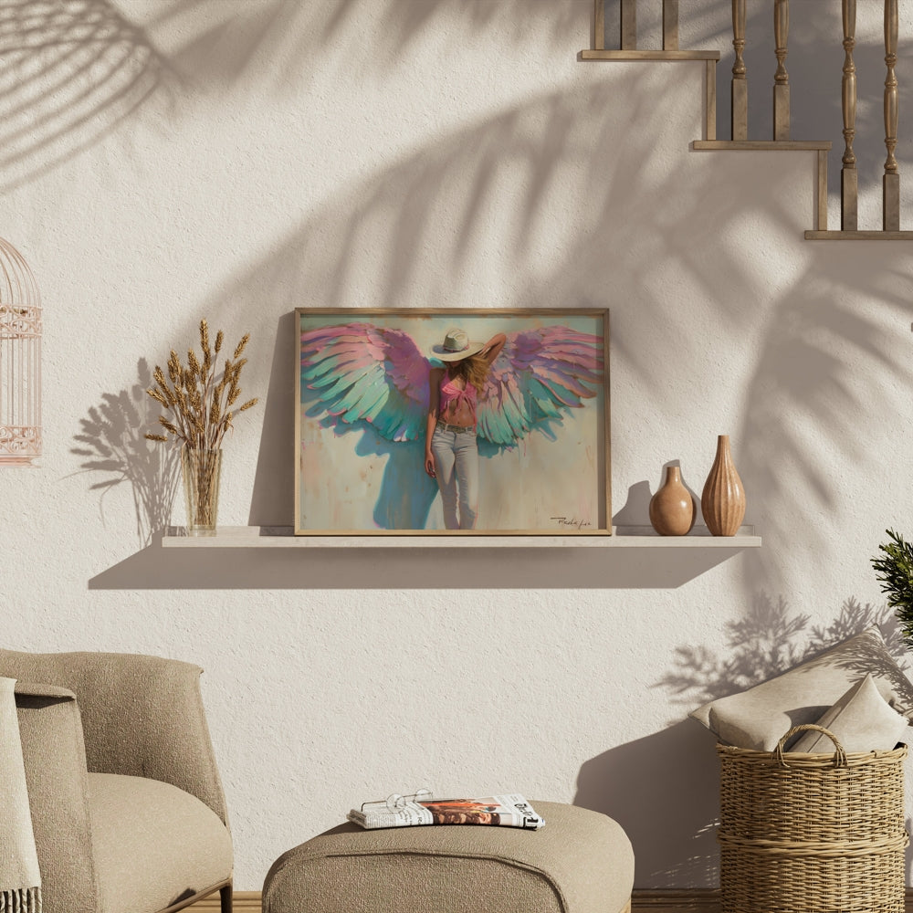 Premium Poster of Woman with Angel Wings in Pink and Green Poster Art Posters