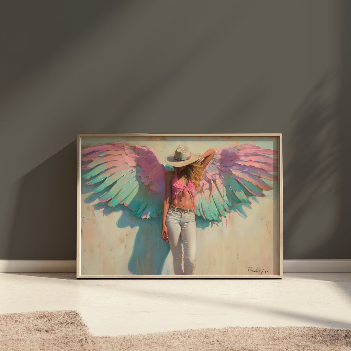 Premium Poster of Woman with Angel Wings in Pink and Green Poster Art Posters