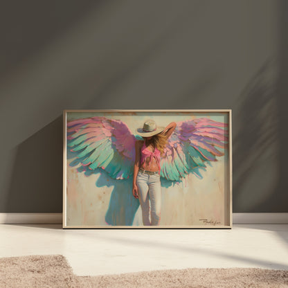 Premium Poster of Woman with Angel Wings in Pink and Green Poster Art Posters