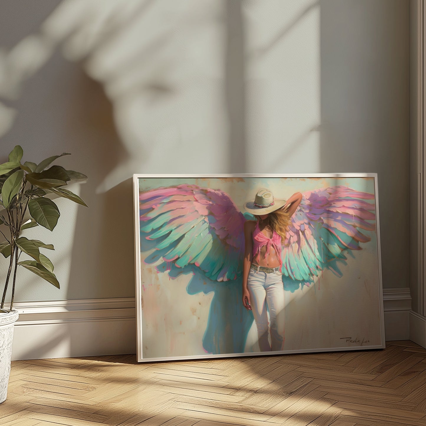 Premium Poster of Woman with Angel Wings in Pink and Green Poster Art Posters