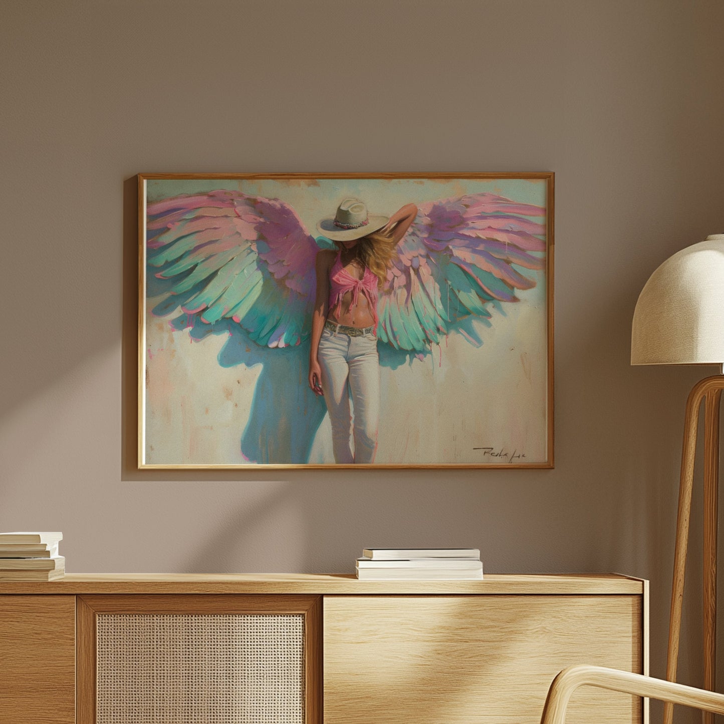 Premium Poster of Woman with Angel Wings in Pink and Green Poster Art Posters