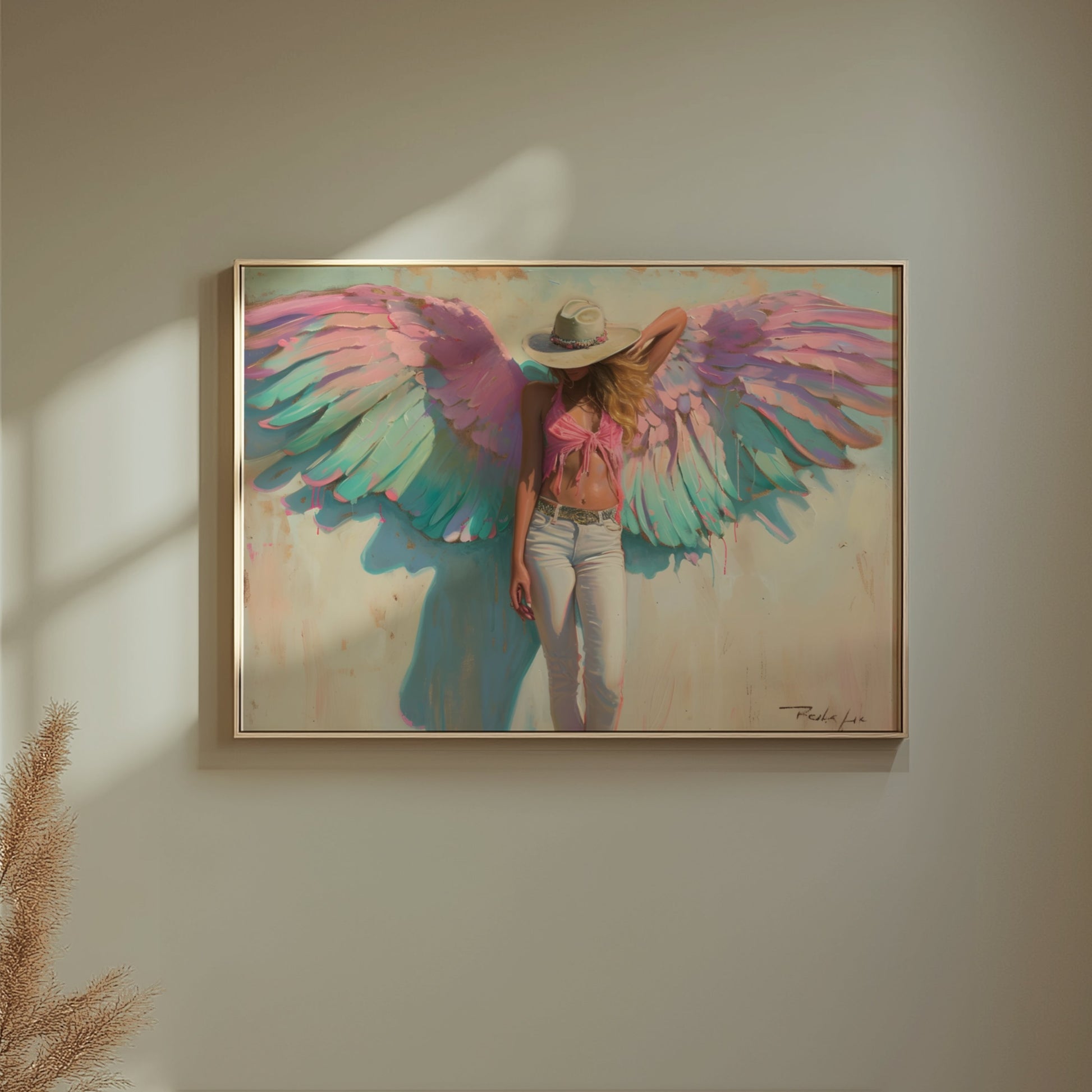 Premium Poster of Woman with Angel Wings in Pink and Green Poster Art Posters