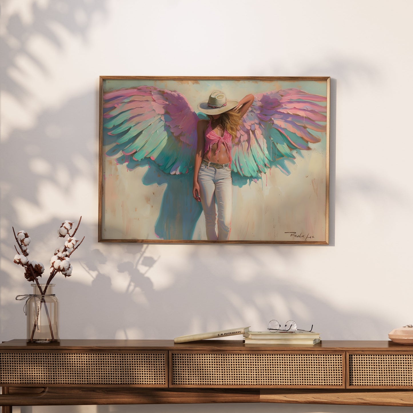 Premium Poster of Woman with Angel Wings in Pink and Green Poster Art Posters