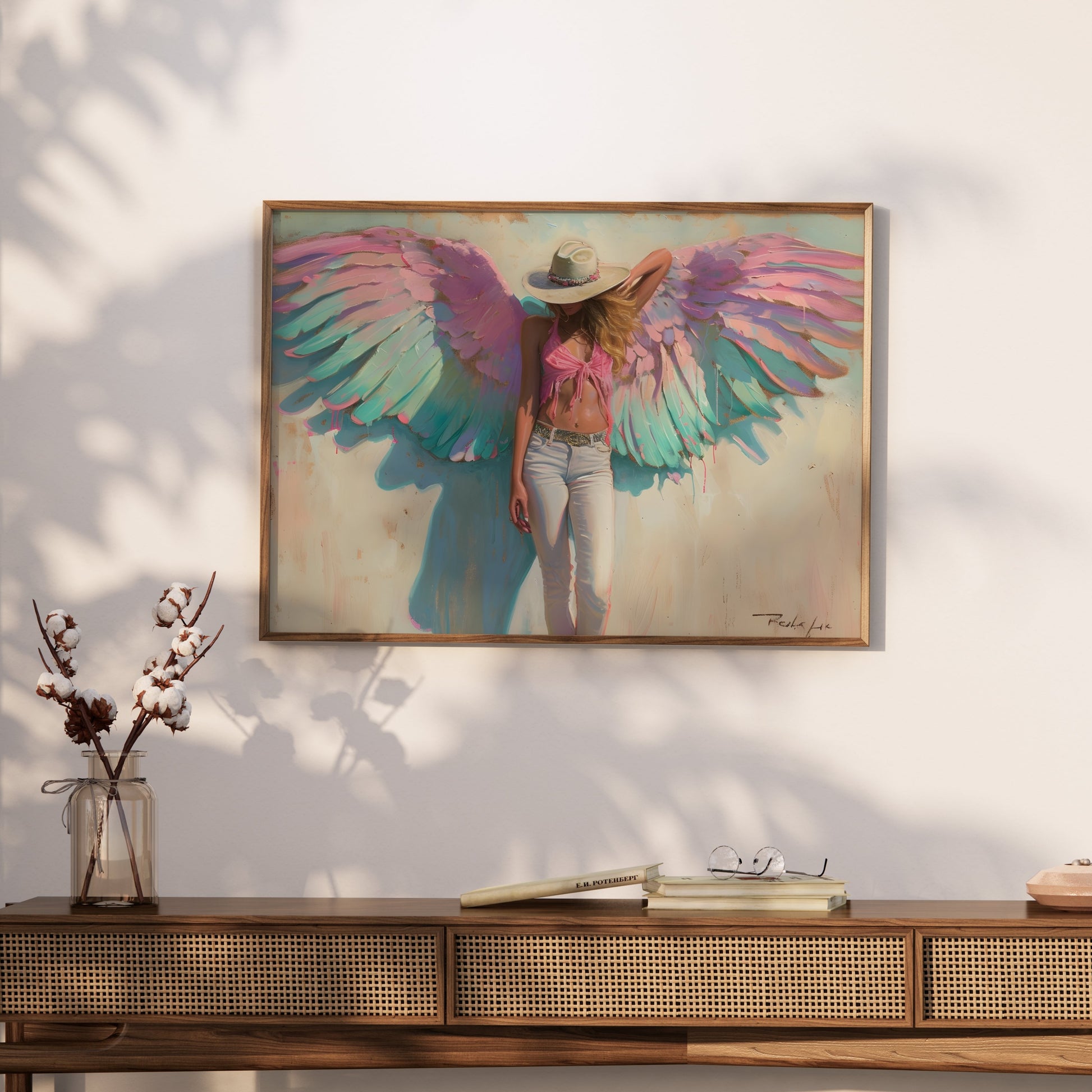 Premium Poster of Woman with Angel Wings in Pink and Green Poster Art Posters