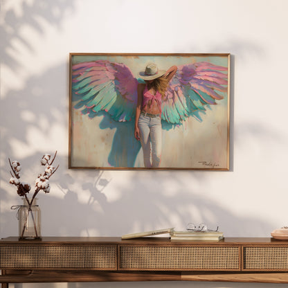 Premium Poster of Woman with Angel Wings in Pink and Green Poster Art Posters