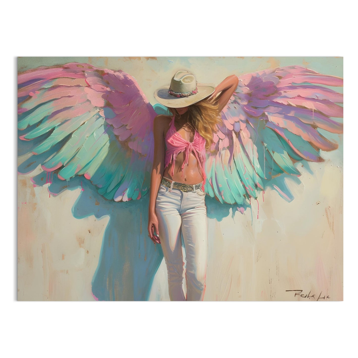 Premium Poster of Woman with Angel Wings in Pink and Green Poster Art Posters