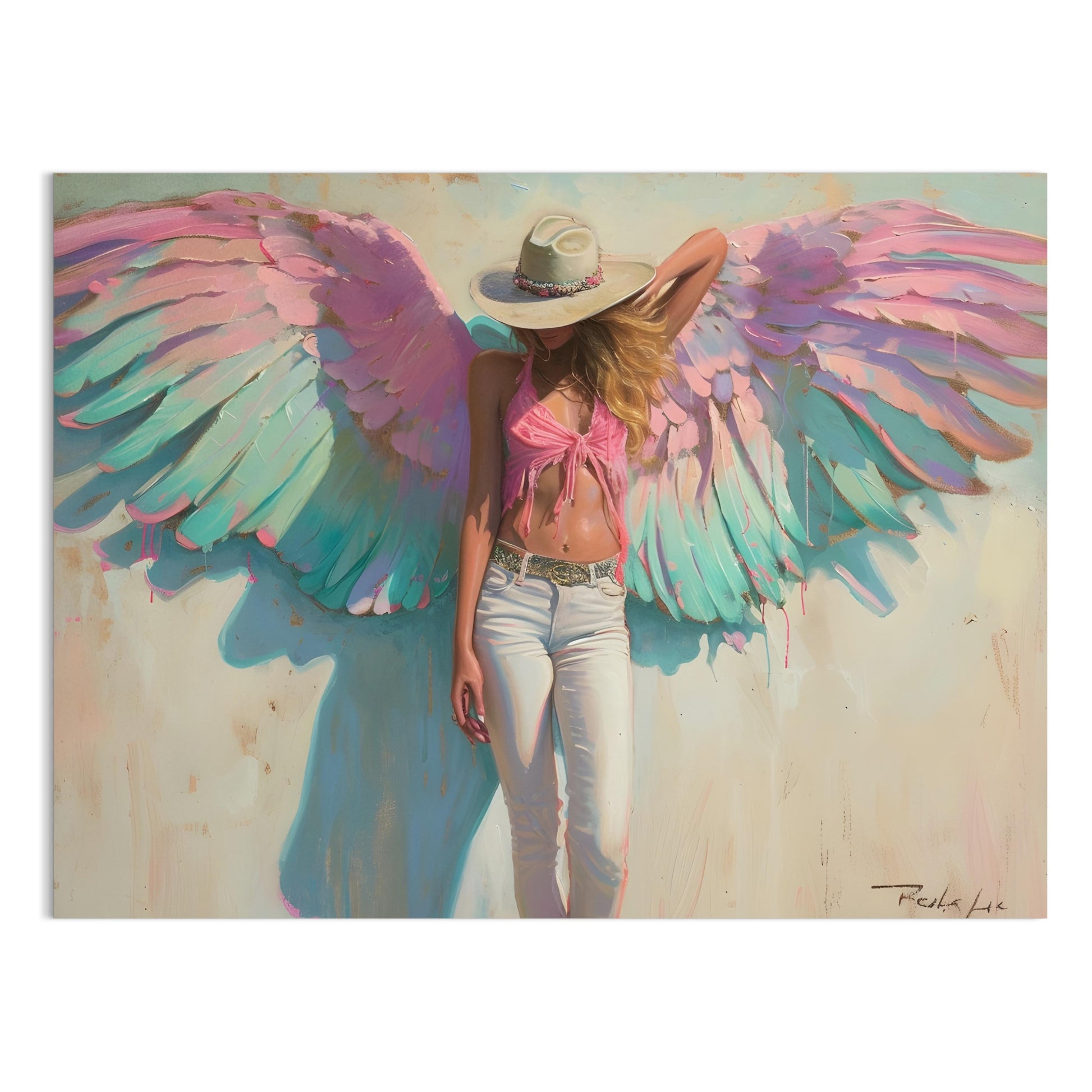 Premium Poster of Woman with Angel Wings in Pink and Green Poster Art Posters