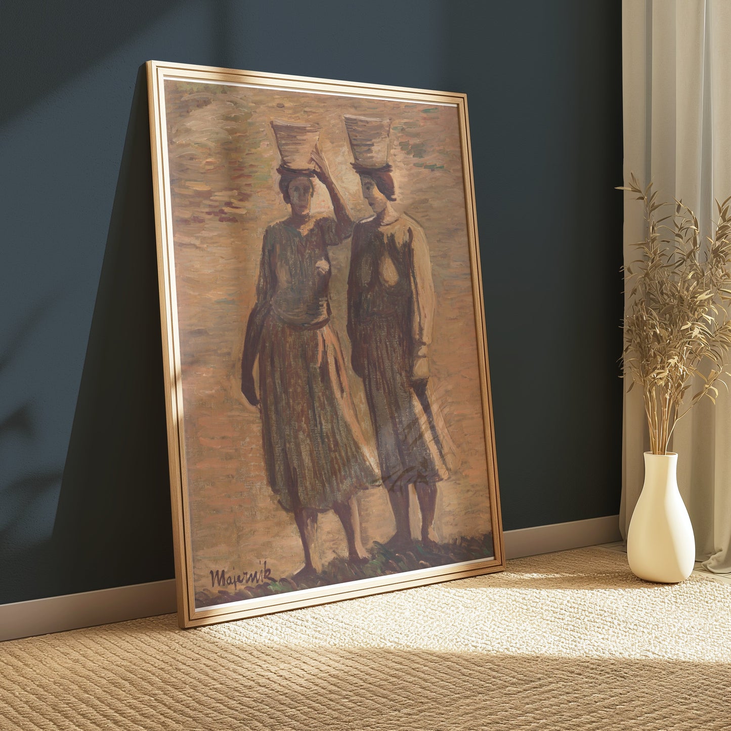 Premium Poster of Women Carrying Baskets Pastel Painting Posters