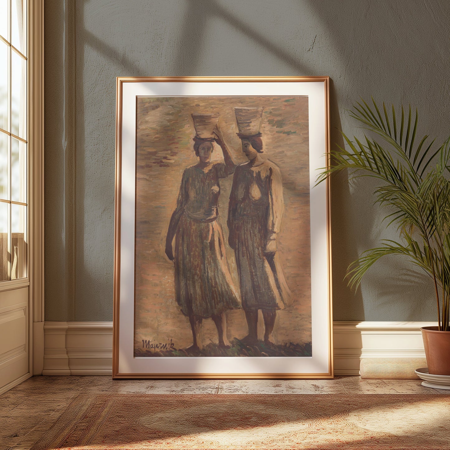 Premium Poster of Women Carrying Baskets Pastel Painting Posters