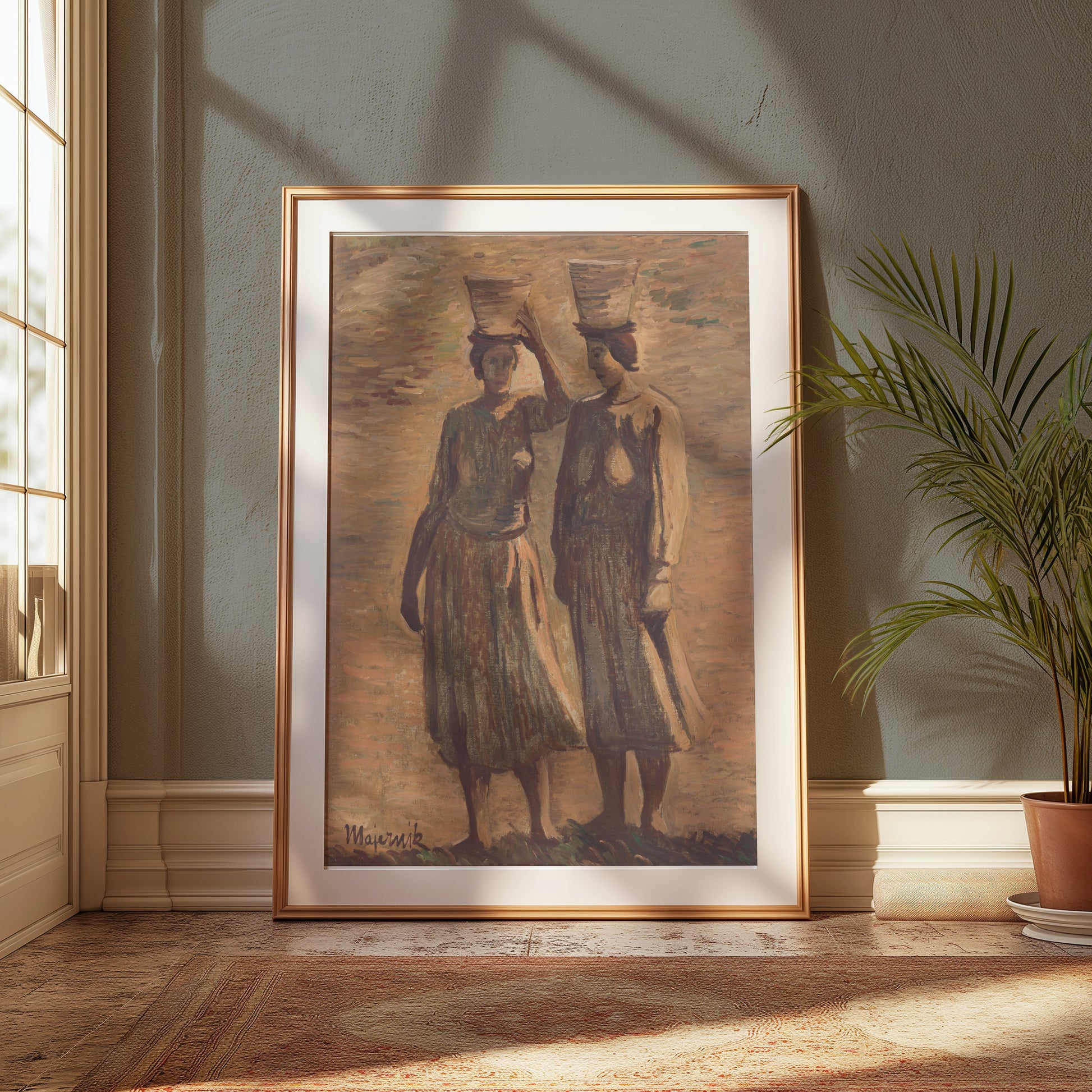 Premium Poster of Women Carrying Baskets Pastel Painting Posters