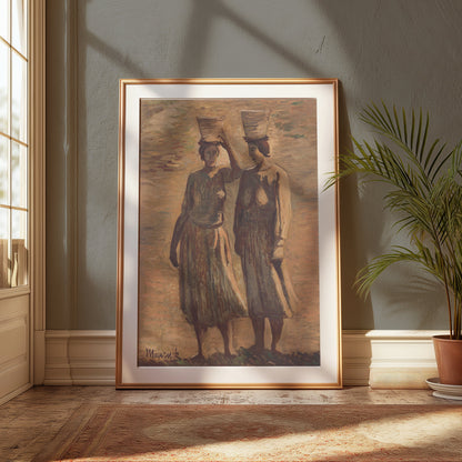 Premium Poster of Women Carrying Baskets Pastel Painting Posters