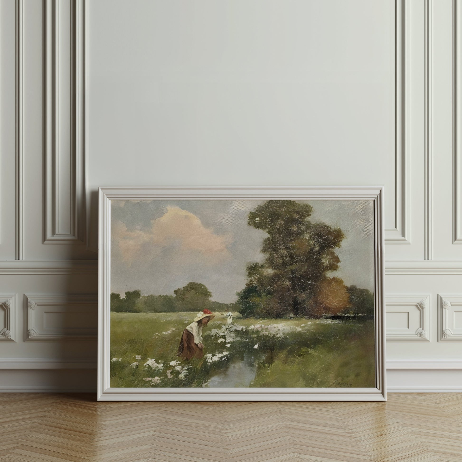 Premium Poster of Women Picking Flowers By The Stream Vintage Art Posters