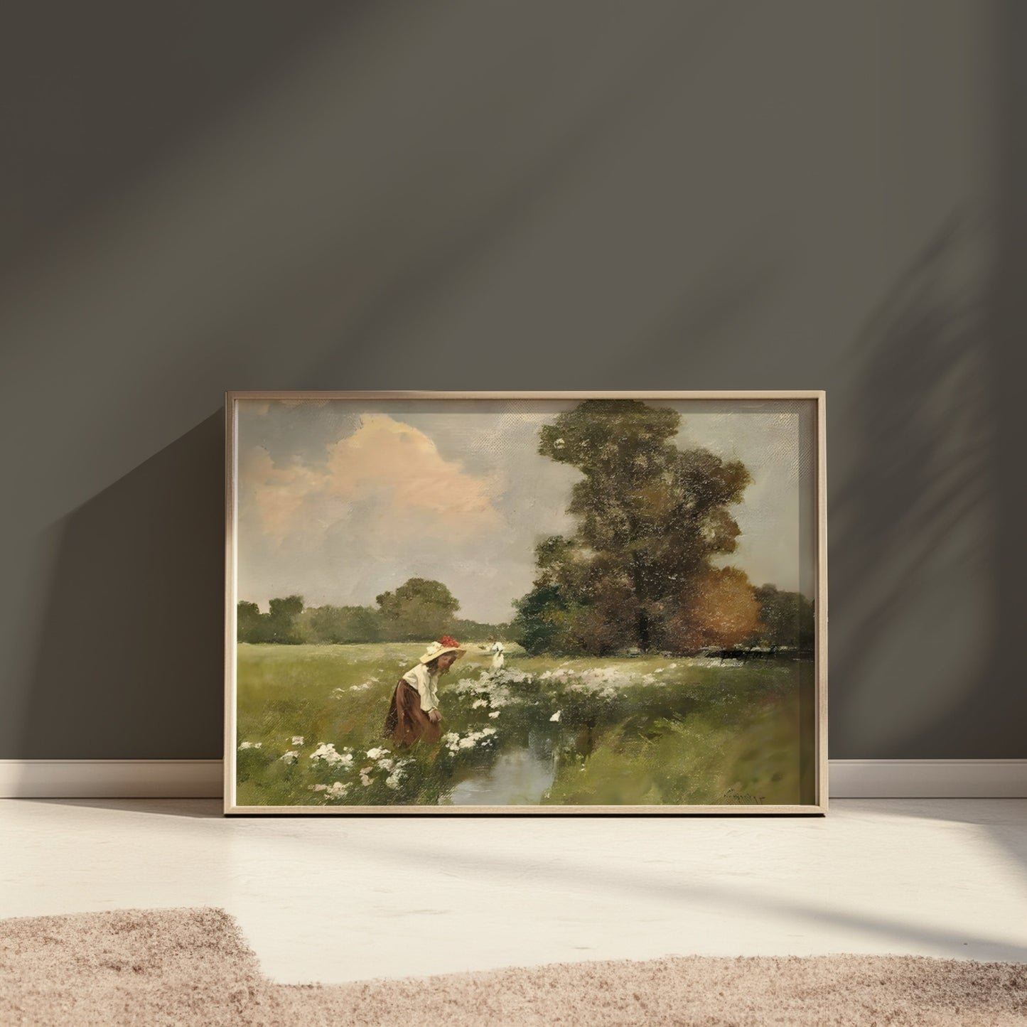 Premium Poster of Women Picking Flowers By The Stream Vintage Art Posters