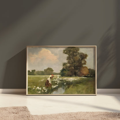 Premium Poster of Women Picking Flowers By The Stream Vintage Art Posters