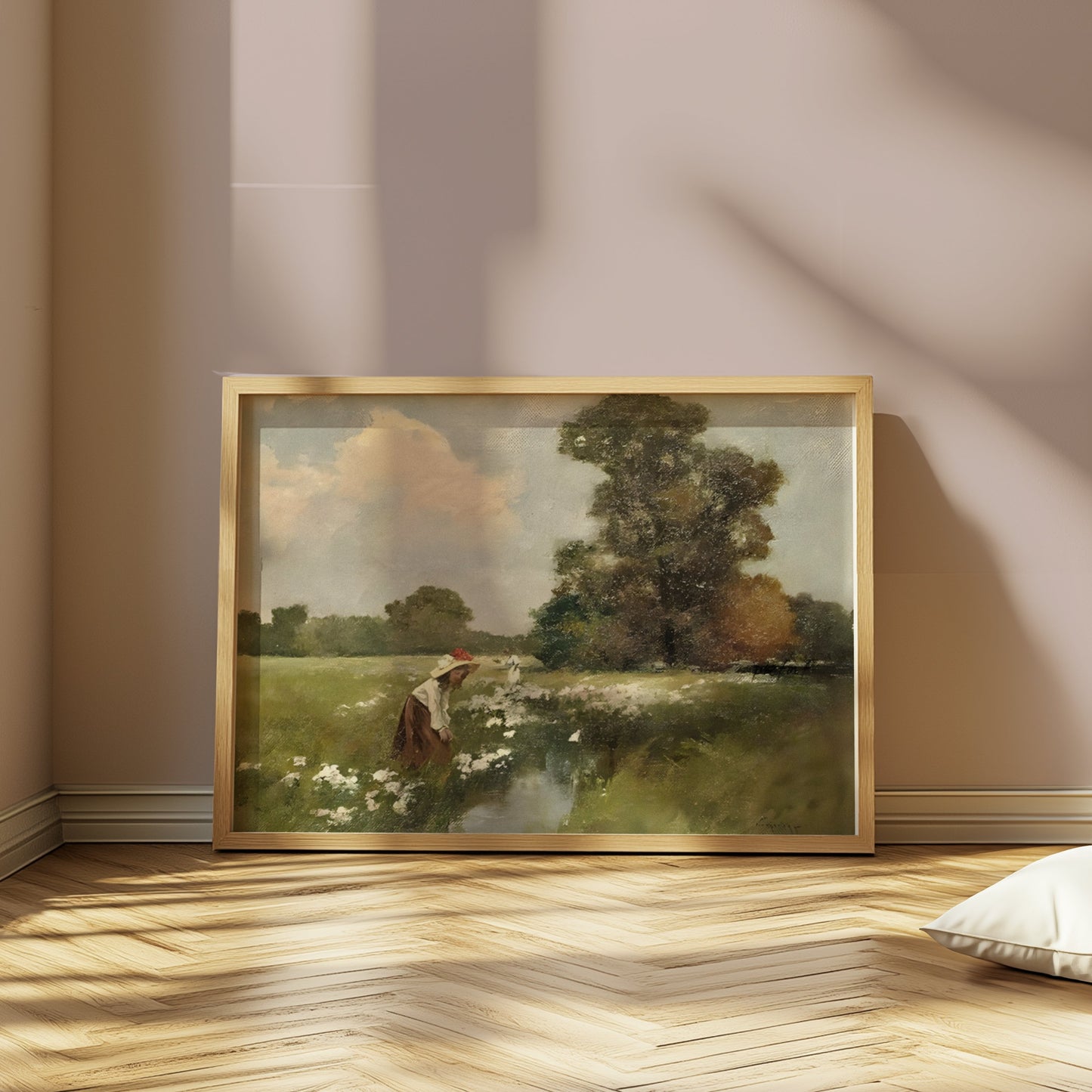 Premium Poster of Women Picking Flowers By The Stream Vintage Art Posters