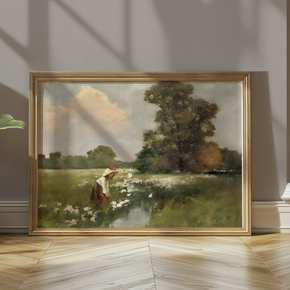 Premium Poster of Women Picking Flowers By The Stream Vintage Art Posters