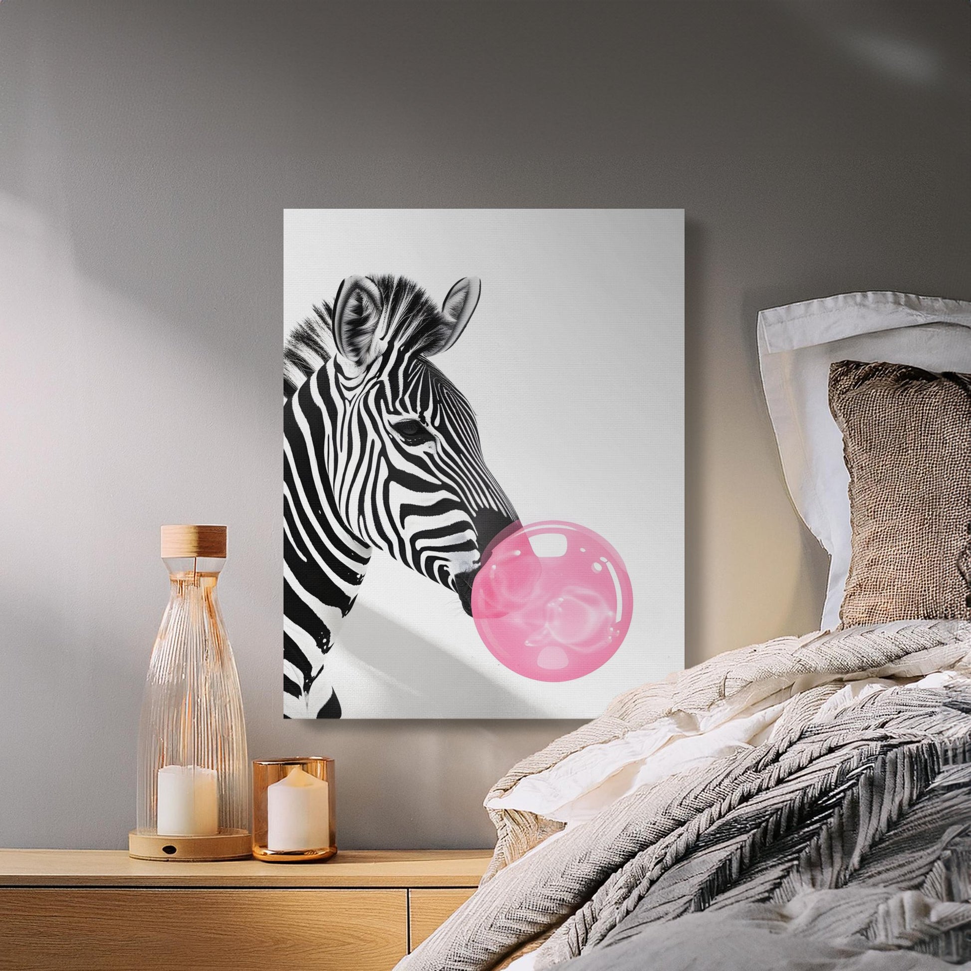 Premium Poster of Zebra Blowing Bubblegum Nursery Wall Art Canvas Wraps