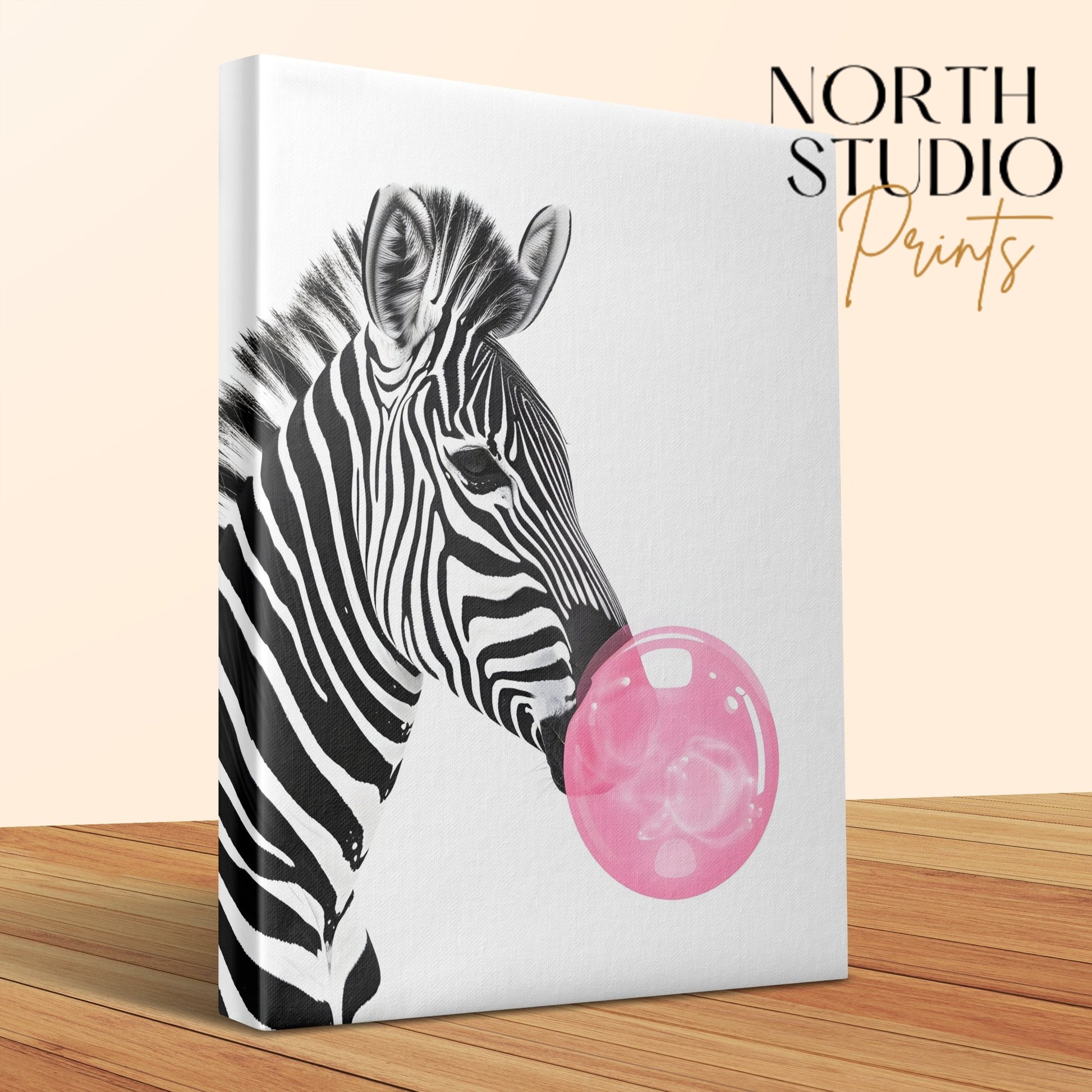 Premium Poster of Zebra Blowing Bubblegum Nursery Wall Art Canvas Wraps