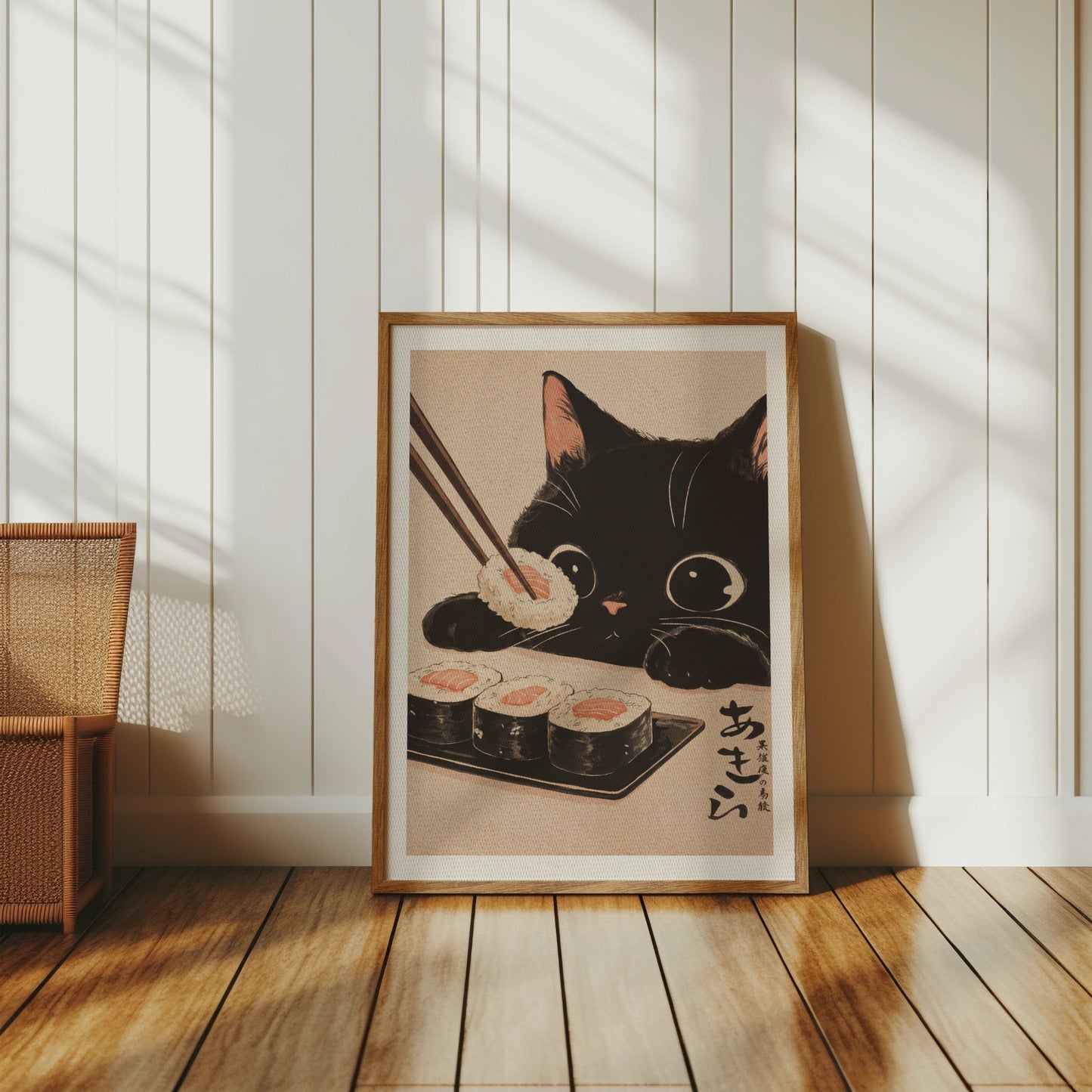 Black cat eating sushi with chopsticks on a framed print with Japanese text.
