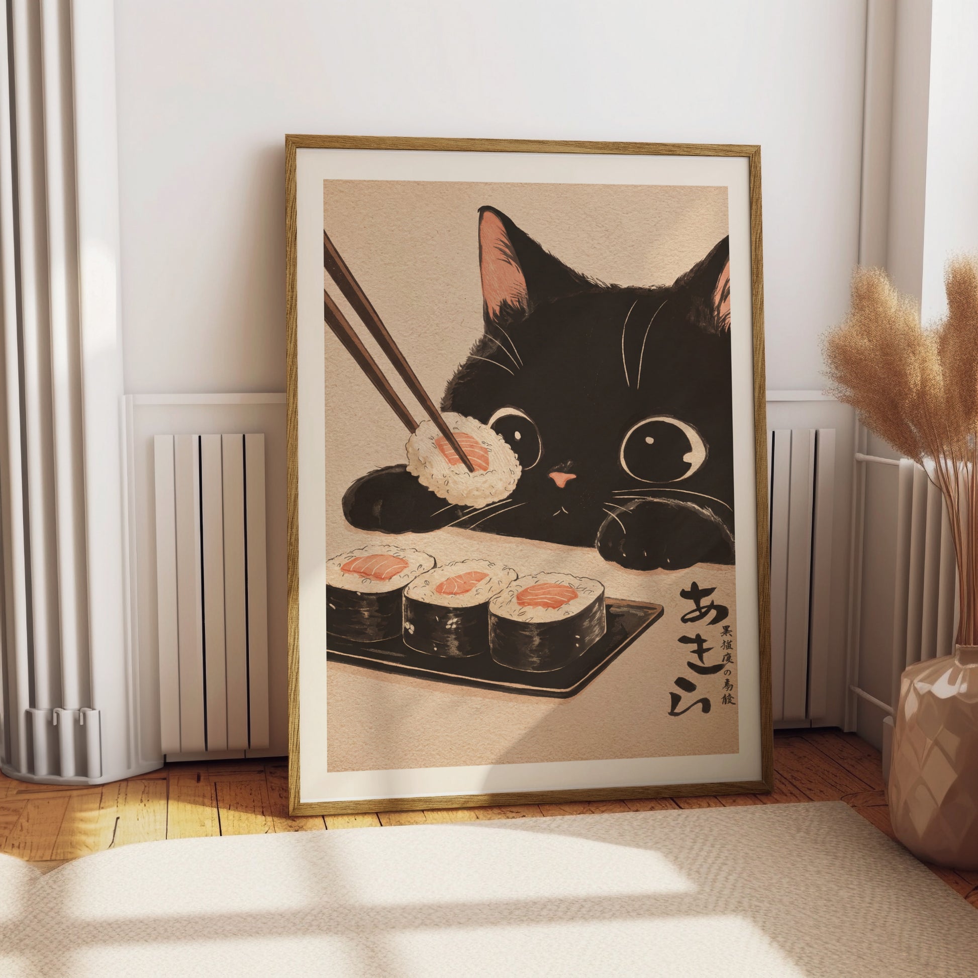 Black cat holding sushi with chopsticks, framed art.