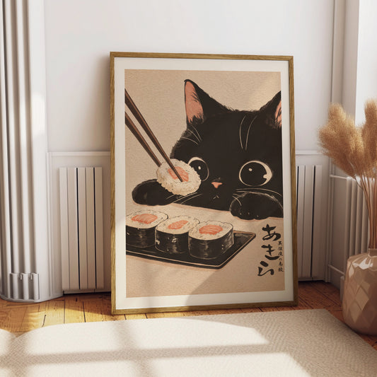 Black cat holding sushi with chopsticks, framed art.