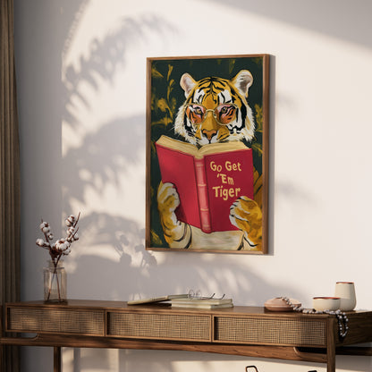 Tiger wearing sunglasses reads a book with "Go Get 'Em Tiger" text.